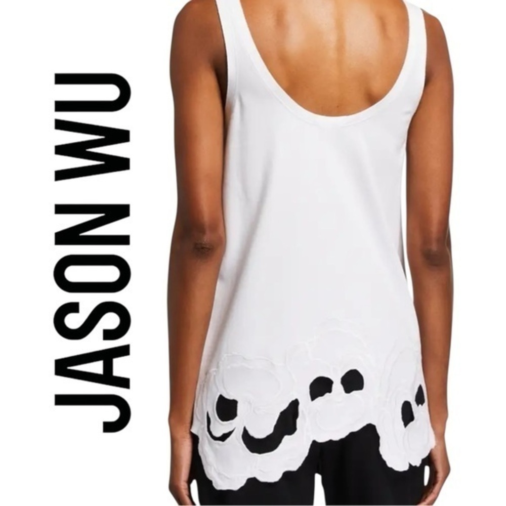 Jason Wu ✘ Floral Embroidered Cutout Hem Cotton Sleeveless Top, White Blouse, XS